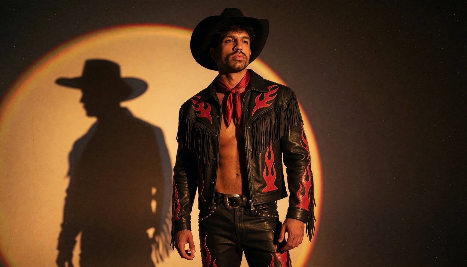 Joy Terra de jaqueta de chamas sob um holofote com a própria sombra de cowboy