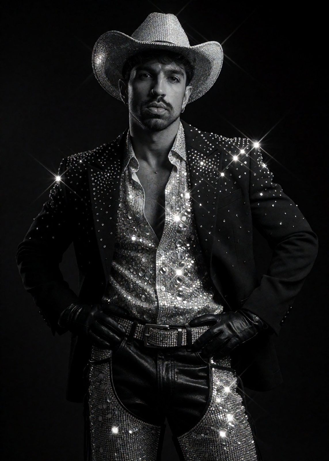Joy Terra em preto e branco com chapéu e calças cobertos de strass